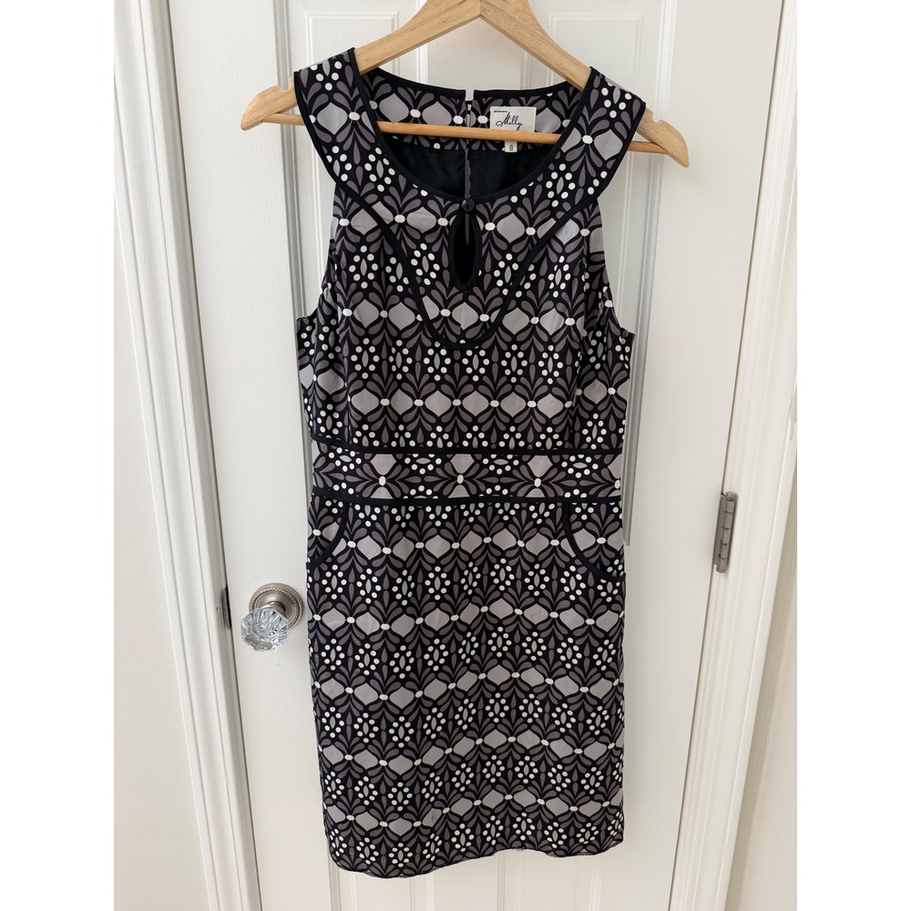 Milly of New York Silk Geometric Keyhole Sheath Dress Black Grey 8 Mod Retro